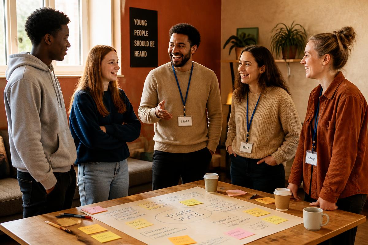 Jongeren en begeleiders in gesprek rond een tafel in een jeugdcentrum