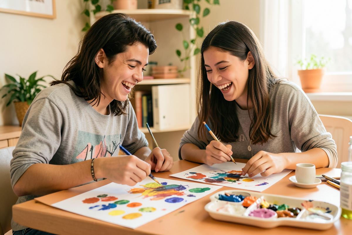 Twee jongeren werken lachend samen aan een creatieve opdracht