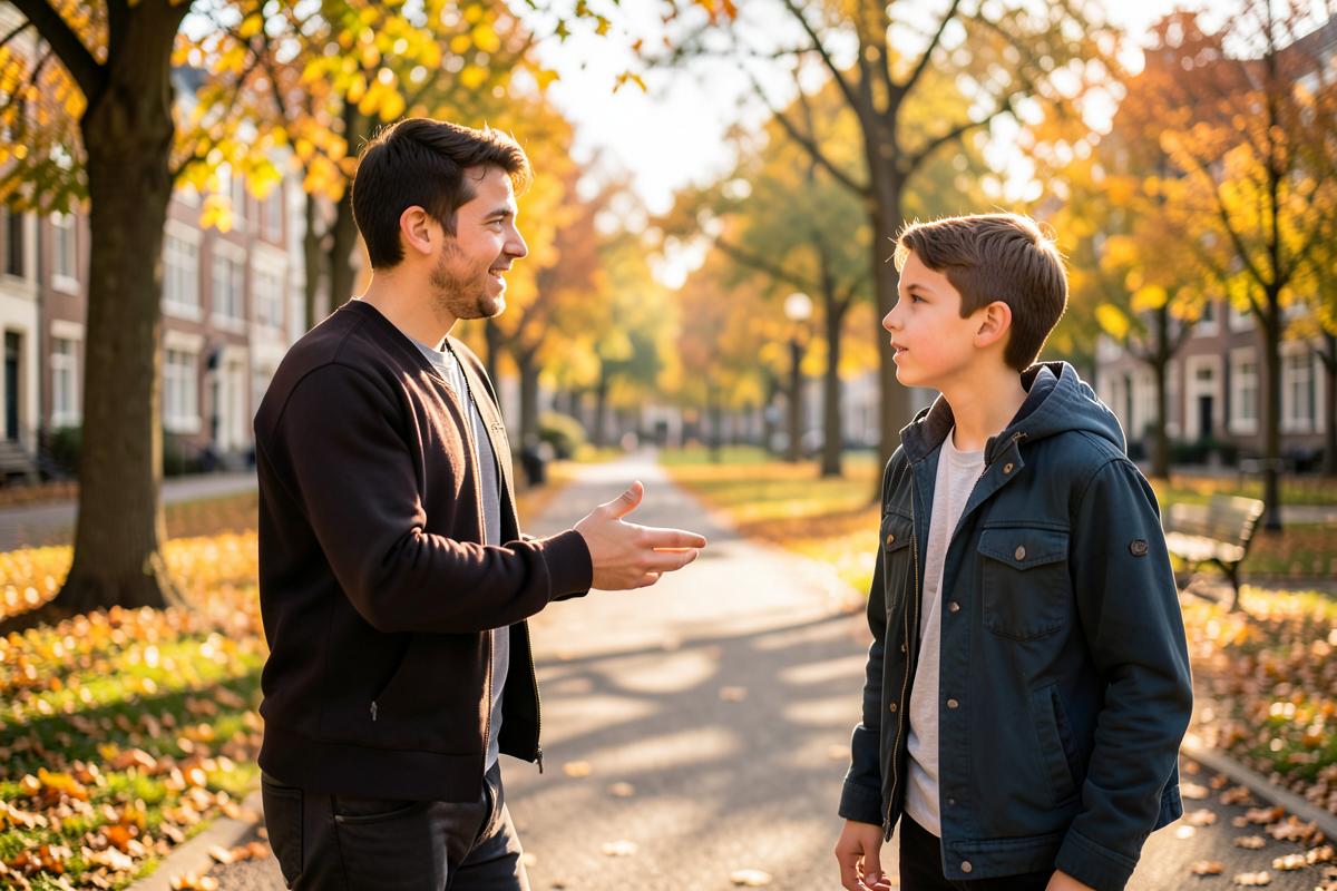 Mentor en jongere wandelen en praten